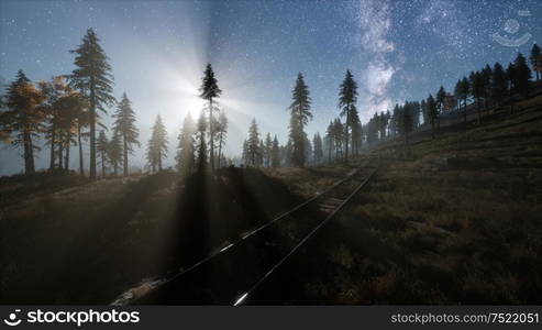 The milky way above the railway and forest