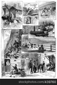 The mill, fort entrance, reapers, trough, stone stairs, brewery, solitaire and the market,vintage engraved illustration.