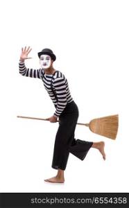 The mime with broom isolated on white background. Mime with broom isolated on white background