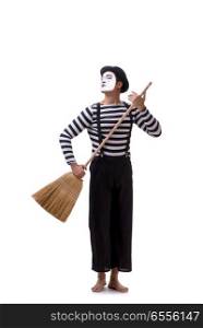 The mime with broom isolated on white background. Mime with broom isolated on white background
