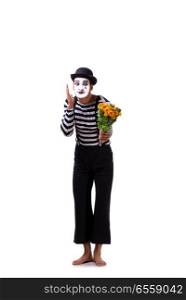 The mime with bunch of flowers isolated on white. Mime with bunch of flowers isolated on white