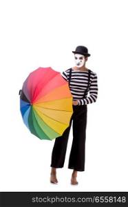 The mime with umbrella isolated on white background. Mime with umbrella isolated on white background