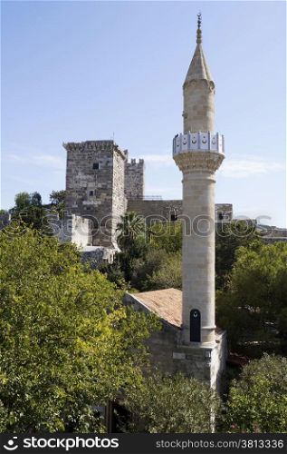 The minaret of mosque in St Peter&#39;s castle in Bodrum, Turkey