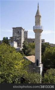 The minaret of mosque in St Peter&#39;s castle in Bodrum, Turkey