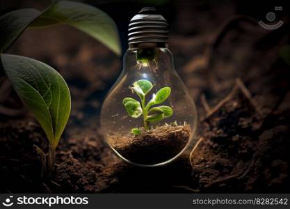 The minimalistic design of a light bulb glowing in soil surrounded by fresh plants represents the innovative idea of sustainable energy and organic growth for a healthy and eco-friendly lifestyle. Ai Generative