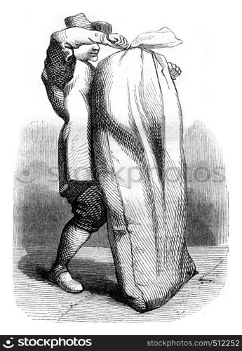 The Minion in the bag, vintage engraved illustration. Magasin Pittoresque 1843.