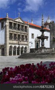 The Misericordia and the Renaissance fountain (1535) in Praca da Republica in the city of Viana do Castelo in northern Portugal.