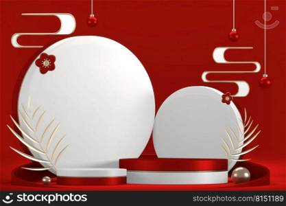 The Mock up Red china Podium for product display minimal geometric design.3D rendering