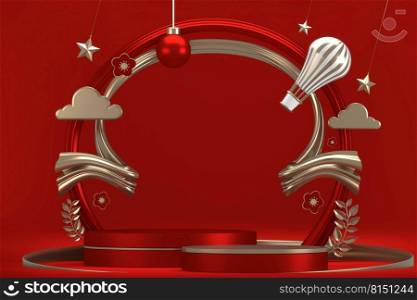 The Mock up Red china Podium for product display minimal geometric design.3D rendering