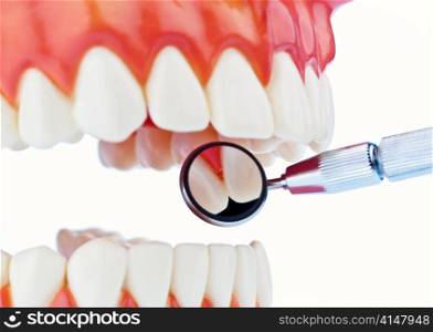 the model is a set of teeth with dental equipment. isolated on white background.