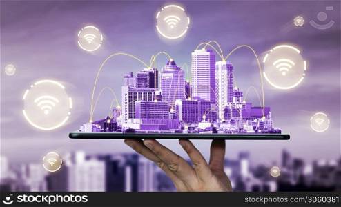 The modern creative communication and internet network connect in smart city . Concept of 5G wireless digital connection and internet of things future.