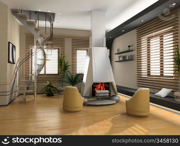 the modern interior design with fireplace (3D)