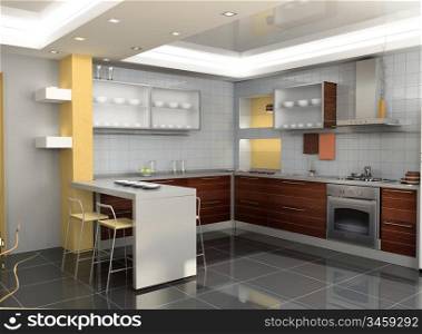 the modern kitchen interior design (3D rendering)