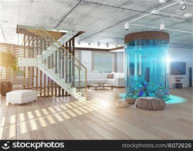 The modern loft interior with aquarium. 3d concept