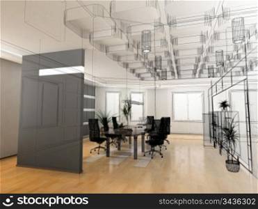 the modern office interior design sketch (3d render)