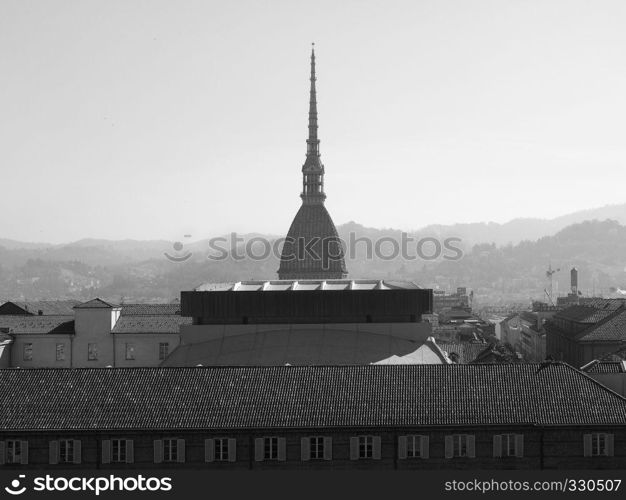 The Mole Antonelliana tower in Turin, Italy in black and white. Mole Antonelliana in Turin in black and white