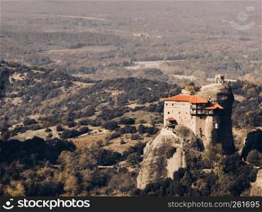 The Monastery of Rousanou St. Barbarain in Meteora rock formation, Thessaly Greece. Greek destinations. Monastery of St. Nicholas Anapausas Meteora, Greece