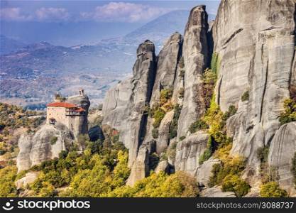 The Monastery of Rousanou St. Barbarain in Meteora rock formation, Thessaly Greece. Greek destinations. Monastery of St. Nicholas Anapausas Meteora, Greece