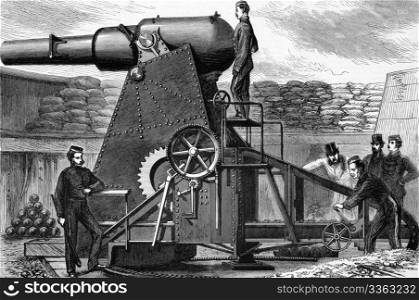 The Moncrieff Seven Ton Gun Carriage on engraving from 1800s.