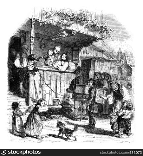 The monkey in the village, vintage engraved illustration. Magasin Pittoresque 1852.