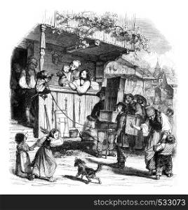 The monkey in the village, vintage engraved illustration. Magasin Pittoresque 1852.