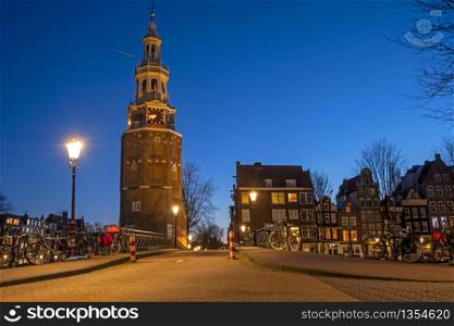 The Montelbaan tower in Amsterdam Netherlands at night