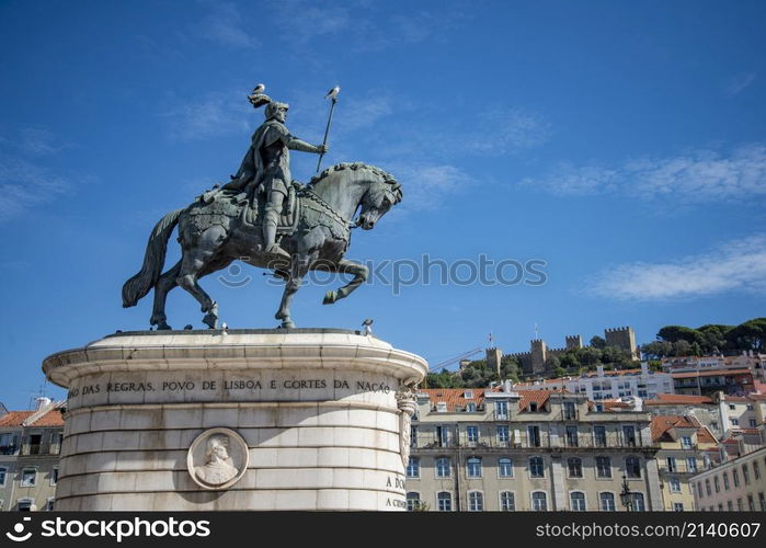 the Monument and statue at the Figueira Square or Parda da Figueira in the City of Lisbon in Portugal. Portugal, Lisbon, October, 2021