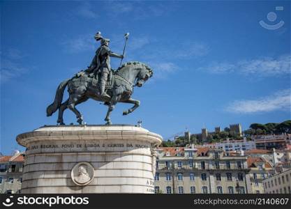 the Monument and statue at the Figueira Square or Parda da Figueira in the City of Lisbon in Portugal. Portugal, Lisbon, October, 2021