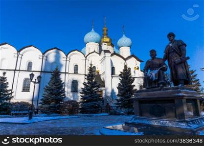 The monument to architects of Kazan in front of Cathedral Of The Annunciation. Kremlin