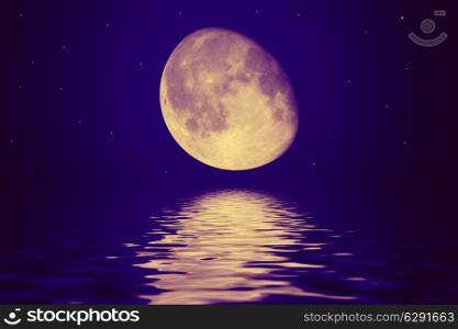 The moon is reflected in a wavy water. Illustration