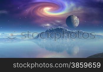 The moon (planet) floats against the star sky and a spiral fog. It is reflected in lake water