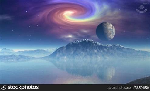 The moon (planet) floats against the star sky and a spiral fog. It is reflected in lake water