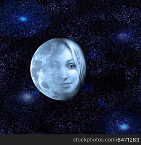 The moon transfers in a face of the beautiful woman in the night sky