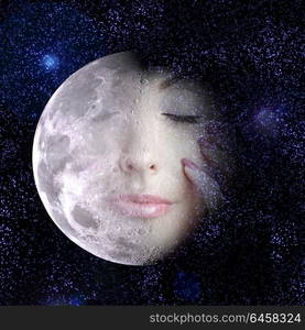 The moon turns into a face of the beautiful woman in the night sky.