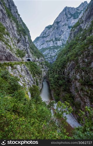 The Moraca River Canyon Platije is one of the most picturesque canyons in Montenegro. Summer mountain dusk travel and nature beauty scene.
