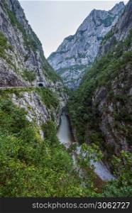 The Moraca River Canyon Platije is one of the most picturesque canyons in Montenegro. Summer mountain dusk travel and nature beauty scene.