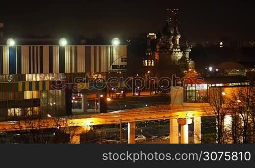 The Moscow monorail train in the area of Ostankino TV center in night