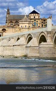 The Mosque Cathedral (La Mezquita) and Roman Bridge on Guadalquivir river in Cordoba, Spain, Andalusia region.