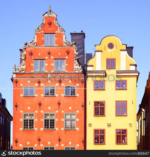 The most famous houses on Stortorget square in Stockholm, Sweden