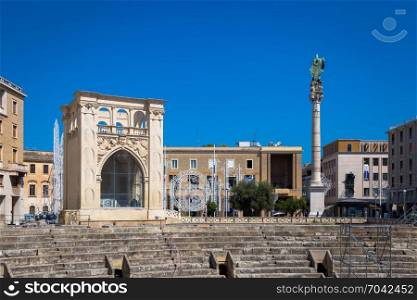 The most important Square in Lecce, Piazza Sant&rsquo;Oronzo, visited by tourists during a sunny day of August 2017