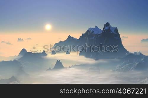 The mountain peaks are covered with snow. Beneath them slowly floating clouds. The bright sun slowly sets behind the misty horizon.