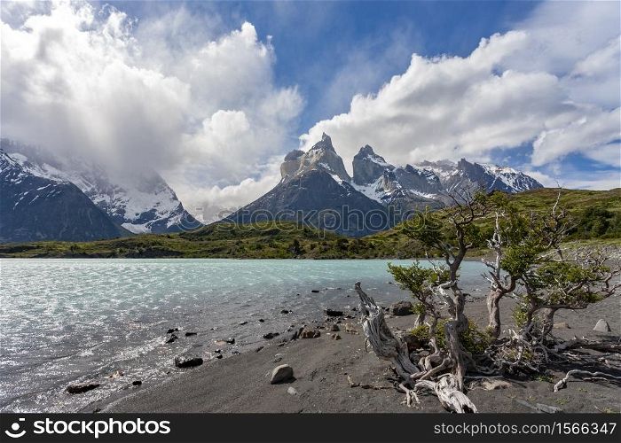 The mountain peaks of Cordillera del Paine in Torres del Paine National Park in Patagonia, southern Chile, South America.