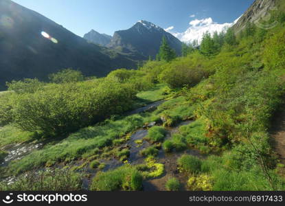 The mountain river in the mountains. Current through the gorge the river. Stones and rocky land near the river. Beautiful mountain landscape. The mountain river in the mountains. Current through the gorge the river. Stones and rocky land near the river. Beautiful mountain landscape.