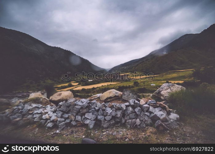 The mountain slope in lying cloud with the evergreen conifers shrouded in mist in a scenic landscape view