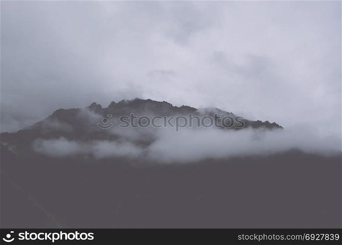 The mountain slope in lying cloud with the evergreen conifers shrouded in mist in a scenic landscape view