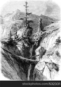 The mountain splits, vintage engraved illustration. Magasin Pittoresque 1852.