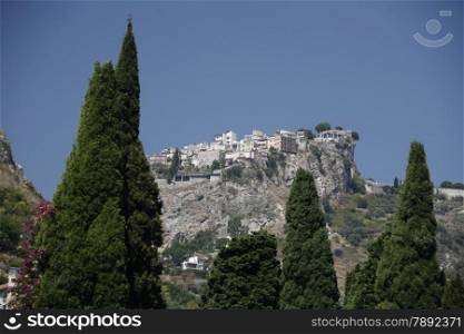 The mountain Village of Castelmola over the old Town of Taormina in Sicily in south Italy in Europe.