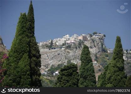 The mountain Village of Castelmola over the old Town of Taormina in Sicily in south Italy in Europe.
