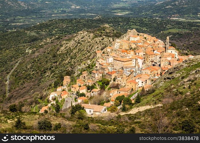 The mountain village of Speloncato built on rocks in the Balagne region of north Corsica and surrounded by maquis