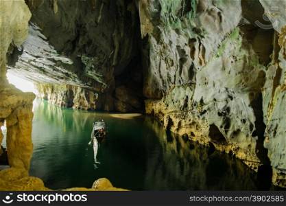 The mouth of Phong Nha cave with underground river, National Park, Vietnam